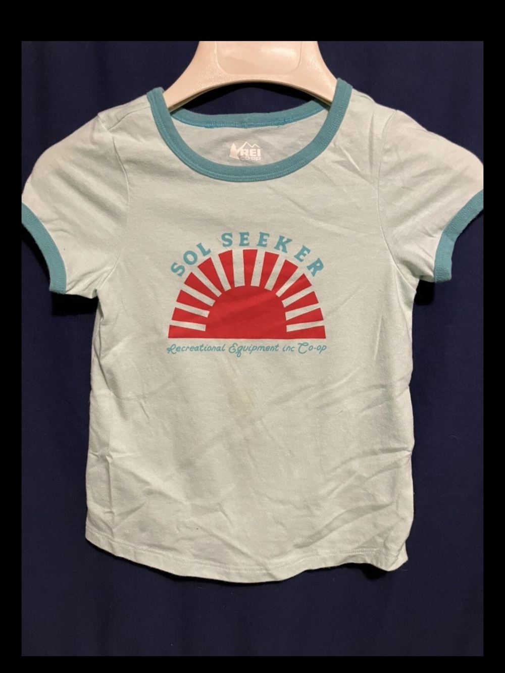 REI Kids Mint Tee with Teal Trim and Red Sun Graphic
